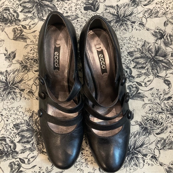 ECCO Sz 40 3 Straps With Buttons Decorations Heeled Mary Janes Shoes - Picture 4 of 14